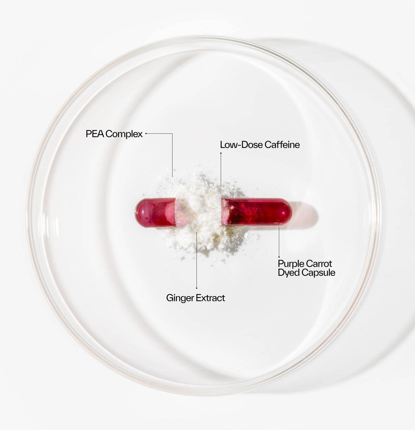 Relivaid capsule split open to display naturally derived ingredients including PEA, ginger extract, and low-dose caffeine. 