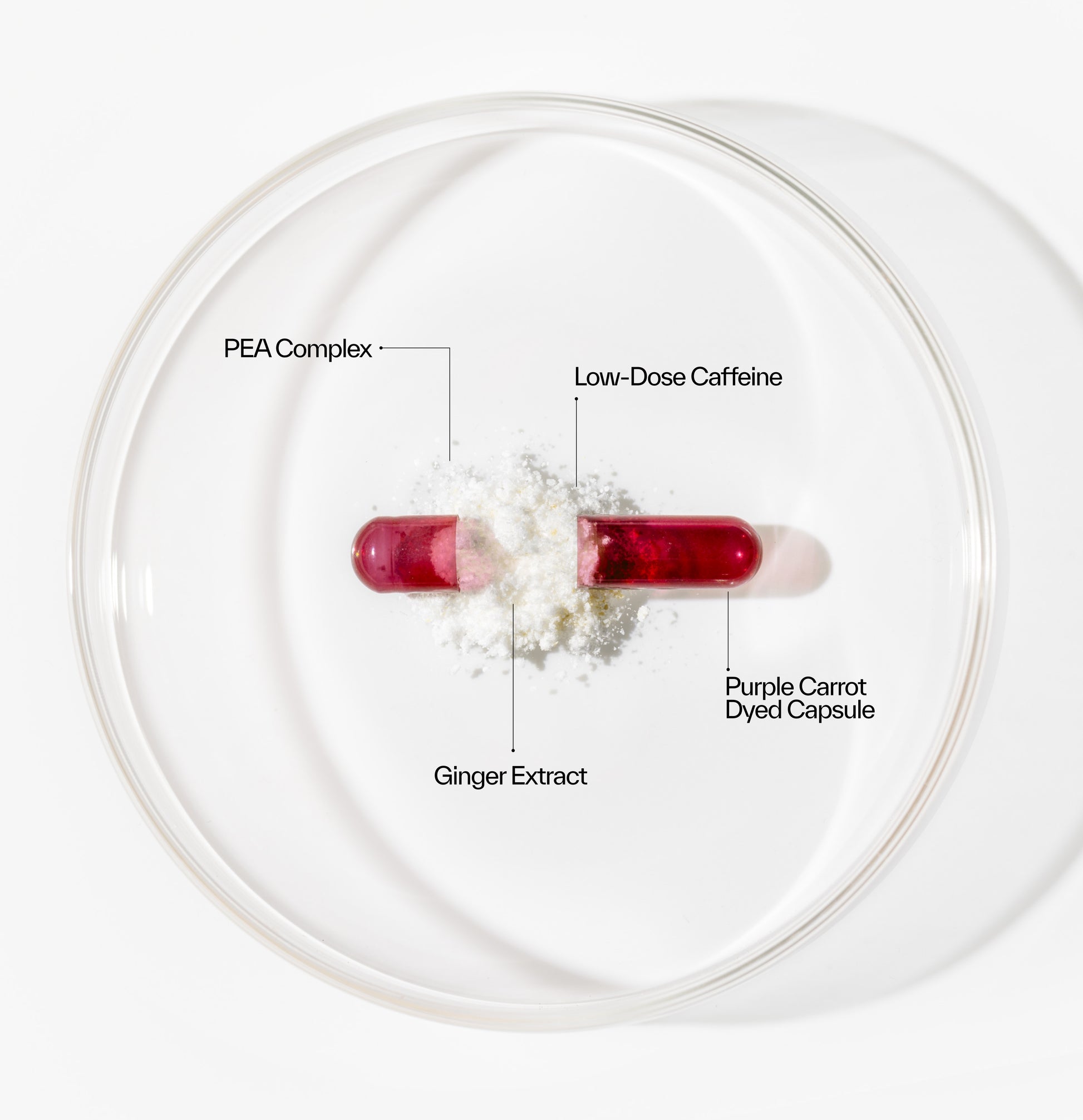 Relivaid capsule split open to display naturally derived ingredients including PEA, ginger extract, and low-dose caffeine. 
