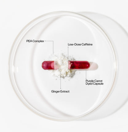 Relivaid capsule split open to display naturally derived ingredients including PEA, ginger extract, and low-dose caffeine. 