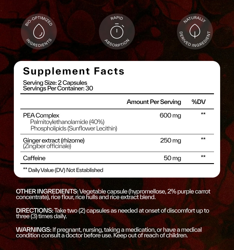 Relivaid supplement facts panel showing naturally derived ingredients including ginger extract and PEA complex. 