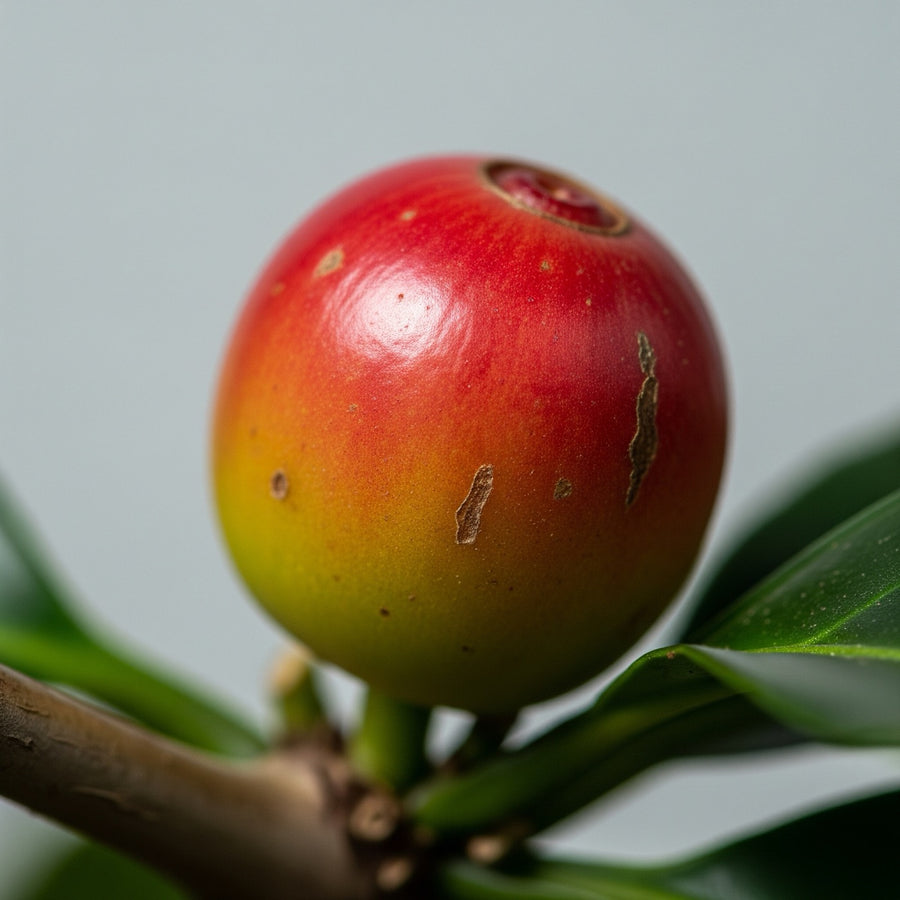 A ripe red coffee cherry, shown as a scale reference for the low caffeine dose in Relivaid